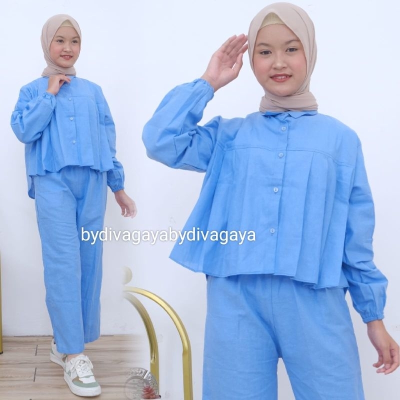 Setelan Anak Perempuan Moane Atasan Blouse + Celana Kulot Katun Linen Fashion Kekinian