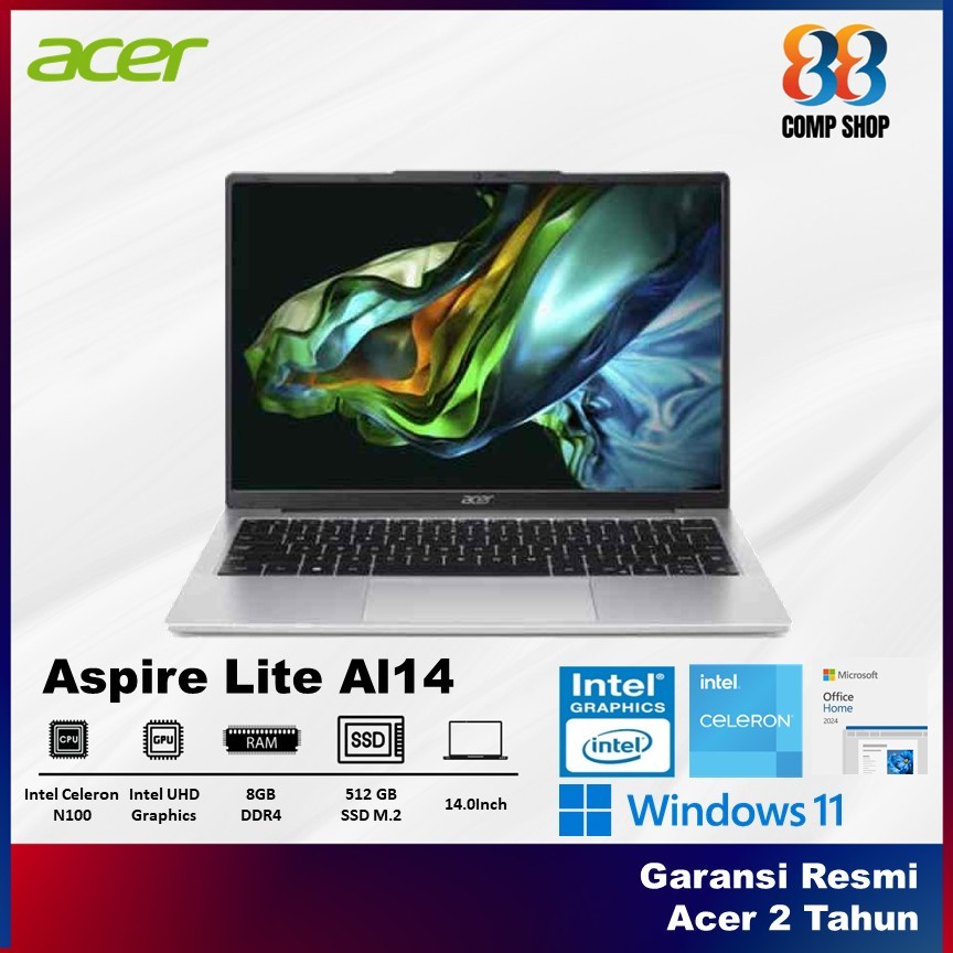 Laptop Acer Aspire Lite AL14 Intel N100 RAM 8GB 512SSD Win11+OHS 14.0