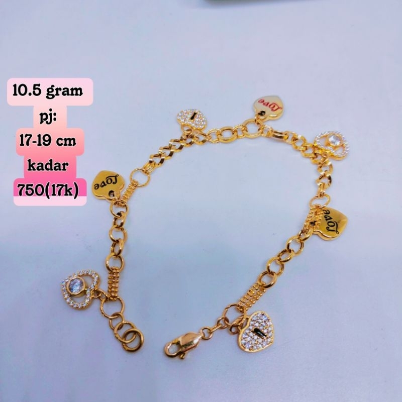 gelang tangan emas model rantai plus kelincingan love love permata.mas kadar 750(17k)