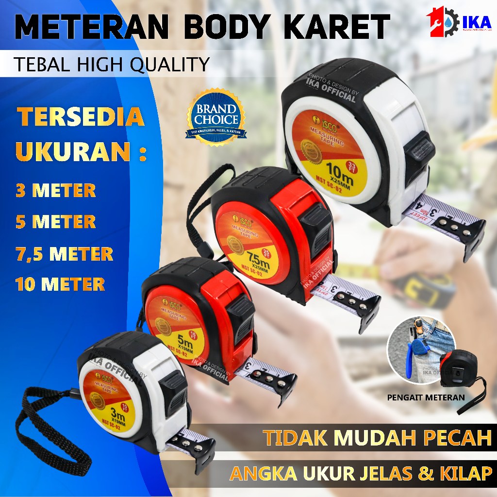 ISCO Meteran Tukang Anti Karat 3M - 10M / Meteran Auto Stop Double Lock Meteran Bagus Meteran Saku