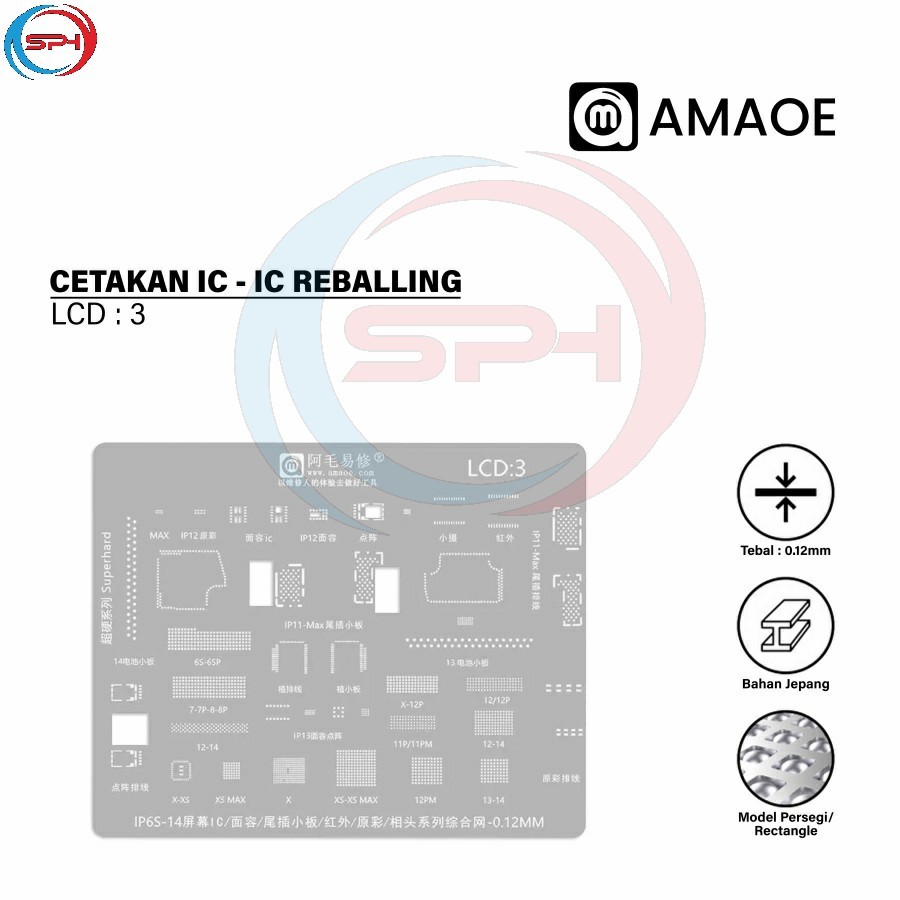 Amaoe LCD 3 Cetakan IC BGA Reballing Stencil Template for iphone 6s-12/13/14 LCD Screen IC Chip Dot 