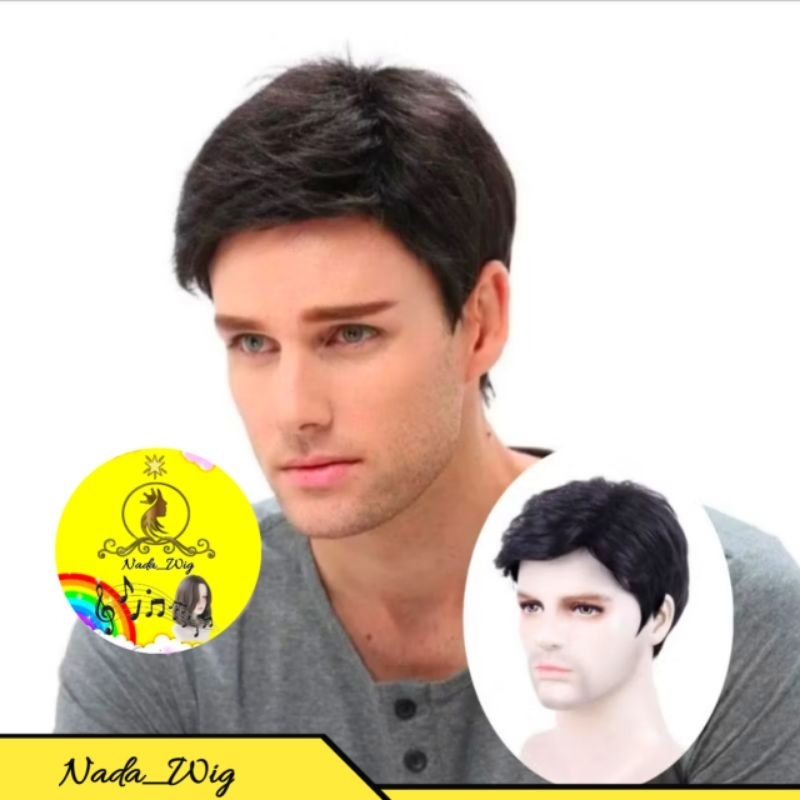 WIG PRIA PENDEK LURUS BELAH SAMPING KIRI RAMBUT PALSU PRIA VERSI COWOK EROPA DAN AMERIKA WIG RAMBUT 