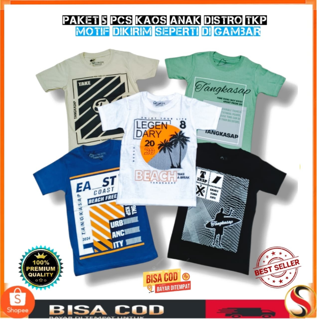 PROMO 5PCS | Baju Kaos Anak Laki-Laki Usia 3-8Tahun Motif Pantai Kekinian | Cotton Premium - Safanu