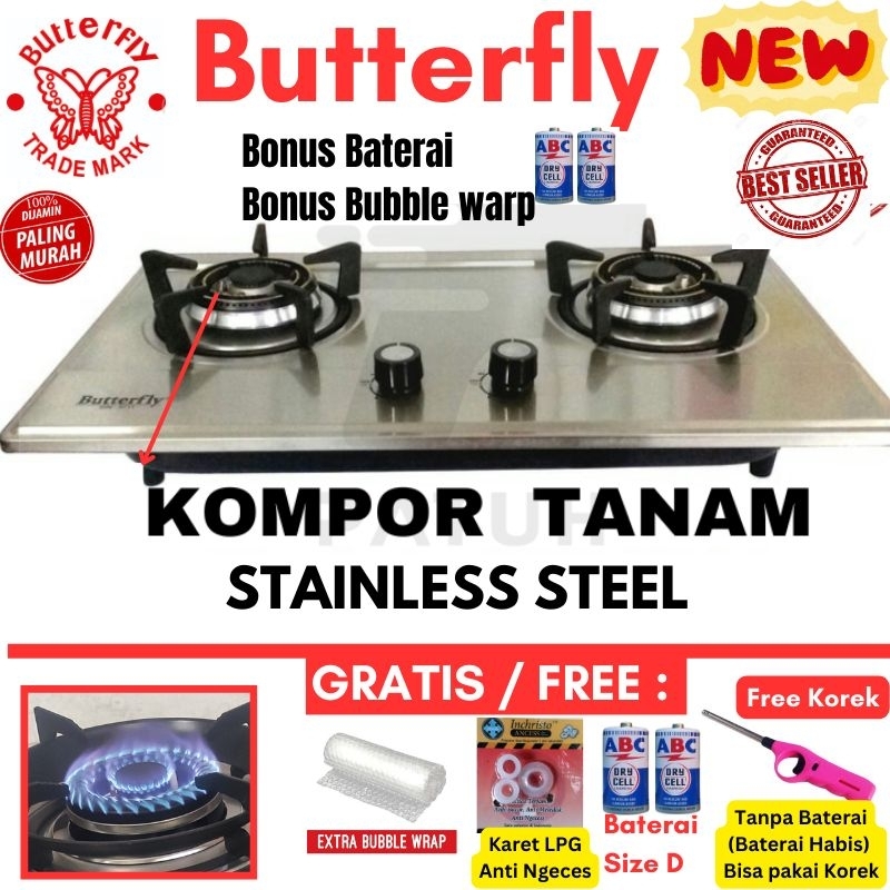 Kompor Tanam LPG Stainless Steel Premium Butterfly Free Bubble Warp dan Baterai Free Karet LPG