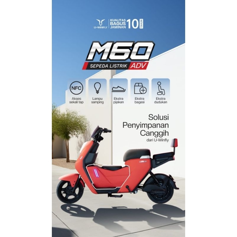Sepeda Listrik Uwinfly M60 ADV - Frame Aluminium, Baterai SLA 576Wh, Motor 500W, Warna Hijau/Merah/Biru/Coklat/Krim/Hitam/Putih