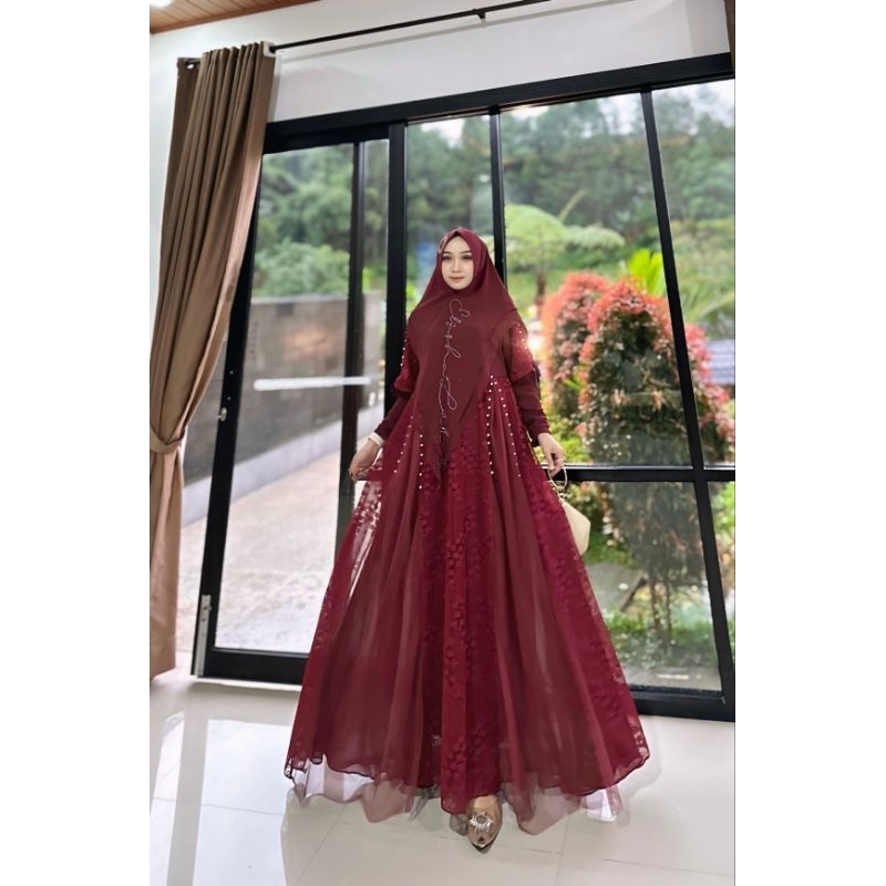 Nadirra Jellita Syari LD100-115 PB140 Busui Set Khimar Gamis Set Hijab Gamis Putih Burgundy