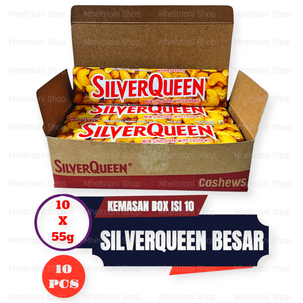 

SILVERQUEEN 55 GRAM BESAR 1 BOX ISI 10 PCS varian Almonds with Milk chocolate | Milk Chocolate With Cashews Cokelat Mede Coklat