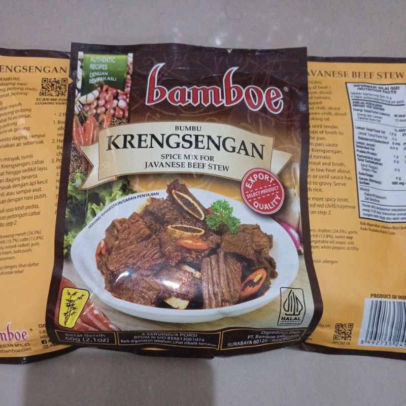 

Bamboe Bumbu Instant KRENGSENGAN 60g Export Quality Spice Mix For Javanese Beef Stew