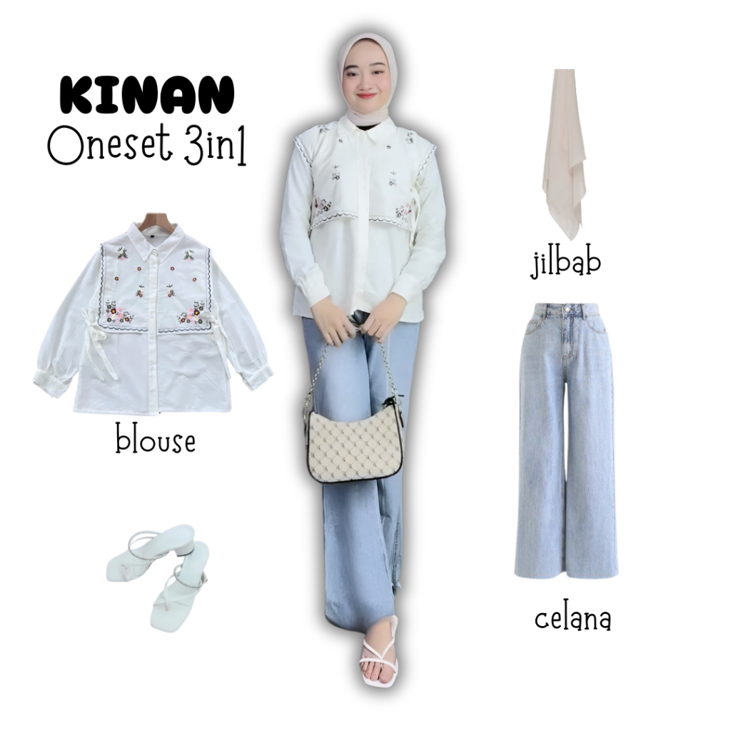 oneset 3in1 blouse rompi celana jeans kulot highwaist jilbab bella | perempuan wanita cewek ootd hij