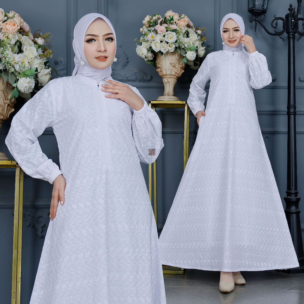 Biyai - Rida Gamis Wanita Muslim Putih Hitam Bordir Motif Bunga Umroh Haji Bahan Katun Premium
