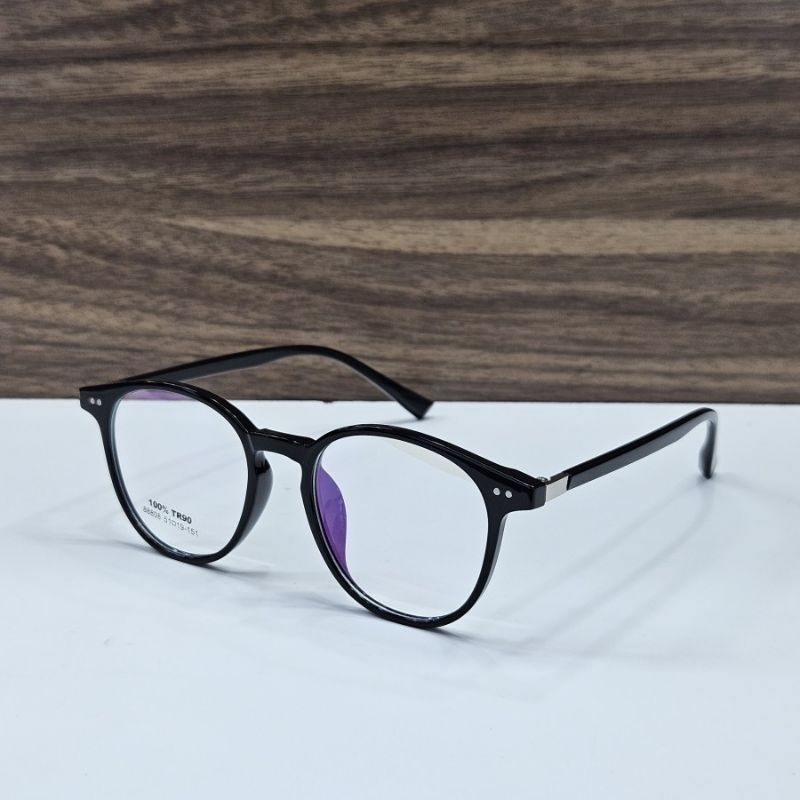 frame kacamata pria wanita remaja bulat bahan plastik TR90 88808 001 51 hitam glossy
