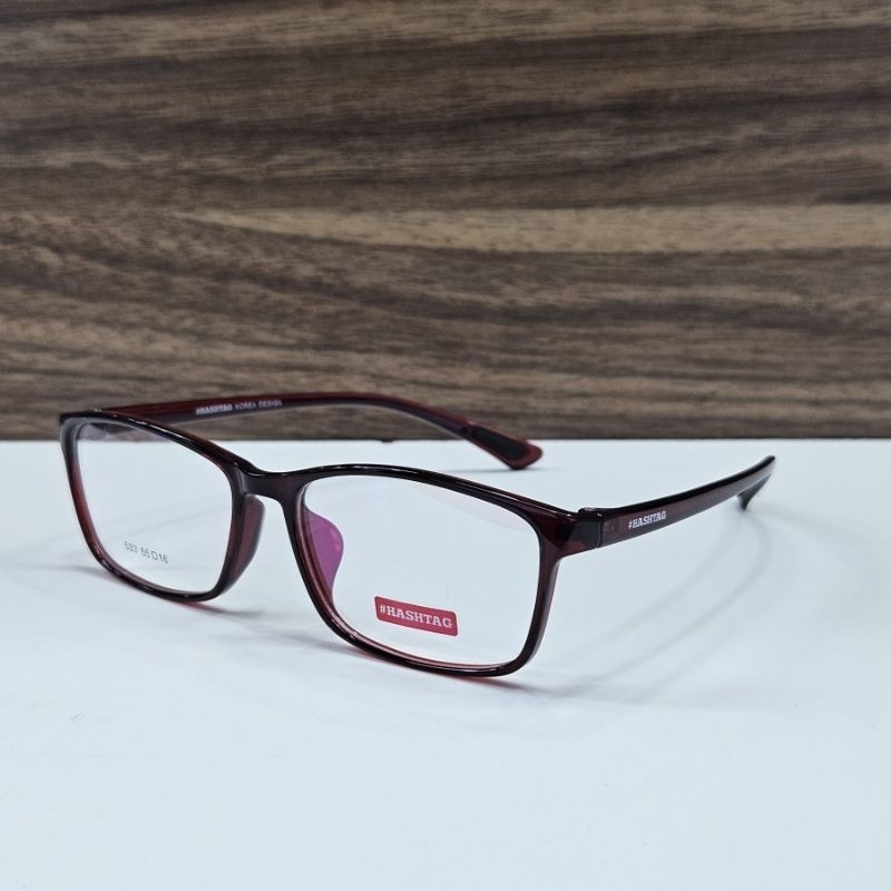 frame kacamata pria wanita kotak bahan plastik TR90 hashtag H533 CL40 55 merah maroon original
