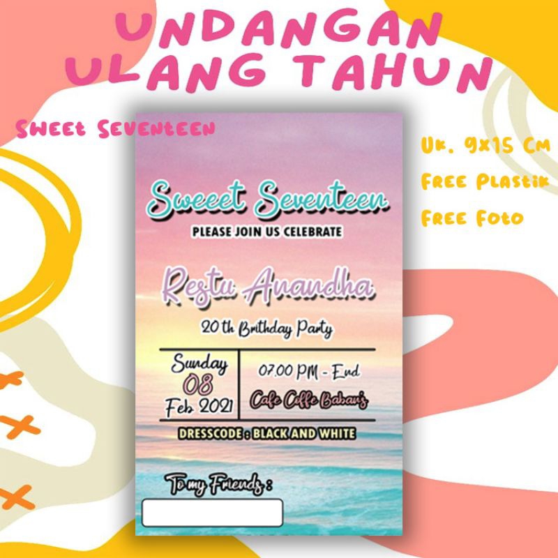 Undangan Sweet Seventeen Kode  UT06 ( isi 50 lembar ) Undangan Ulang tahun anak Undangan kartun anak