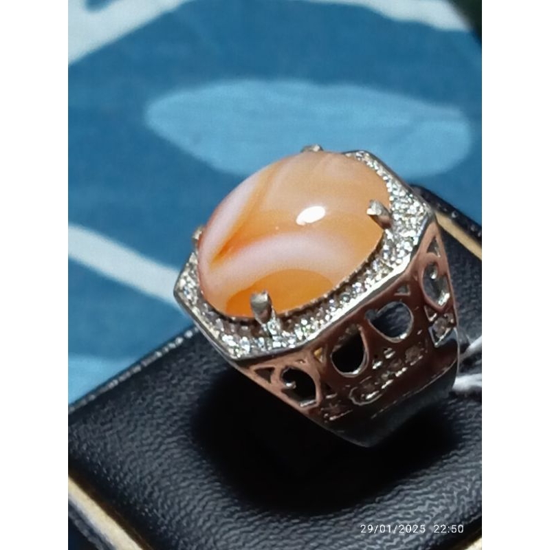 Cincin Mata Batu Natural Akik (Agate) Antik Motif Junjung Derajat Big Size Premium Ring Perak 925 Pe
