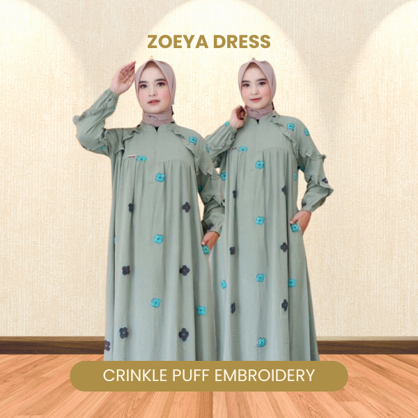Dress Gamis Zoeya Crinkle Puff Embroidery Busui Friendly Olivia MJ