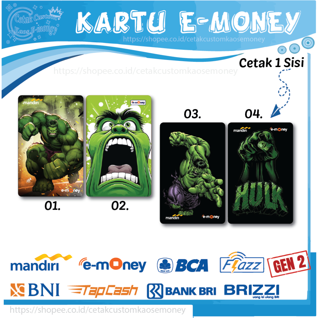 KARTU E MONEY E TOLL SUPERHERO HULK SUPERHERO MARVEL 01 EMONEY MANDIRI BCA BNI BRI - 1 SISI