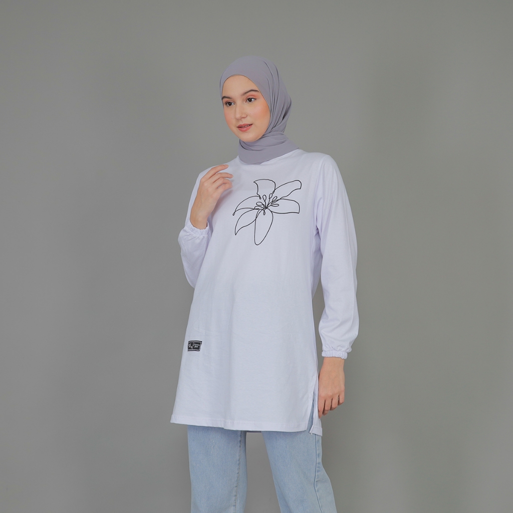 FAST DELIVERY Kaos Tunik Kasual Motif Bunga Warna Putih Lengan Balon Atasan Wanita Terbaru Kombed