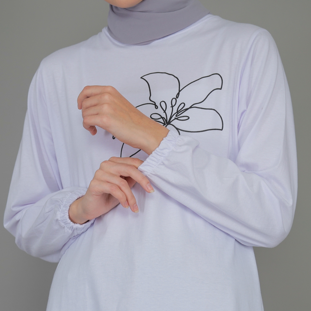 favorit kaos tunik kasual motif bunga warna putih lengan balon atasan wanita terbaru kombed 20s