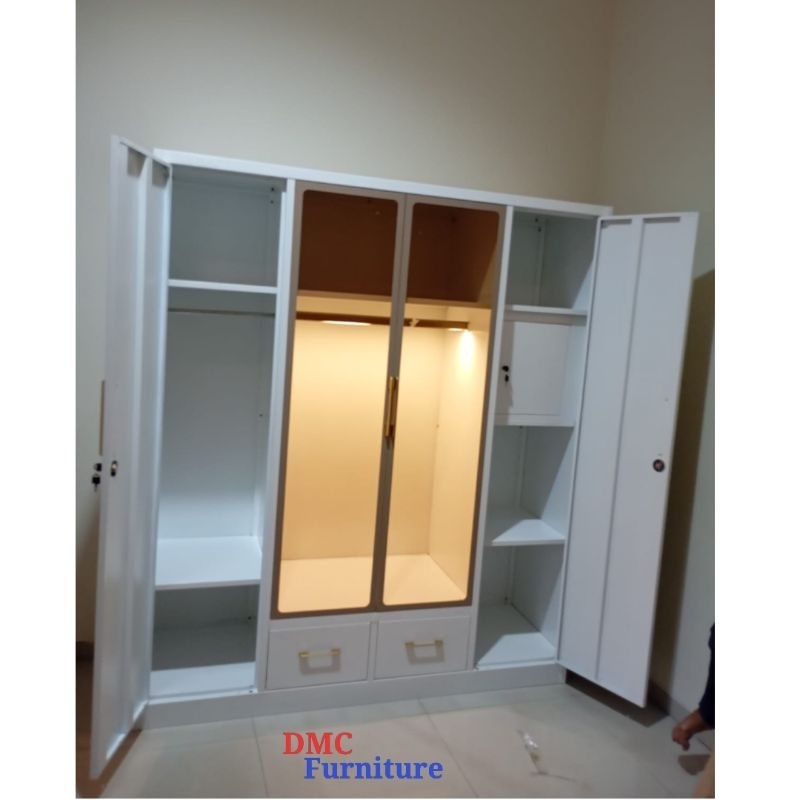 Lemari Baju 4 pintu besi LEDLemari pakaian kaca 4 pintu kaca led lemari pakaian besi