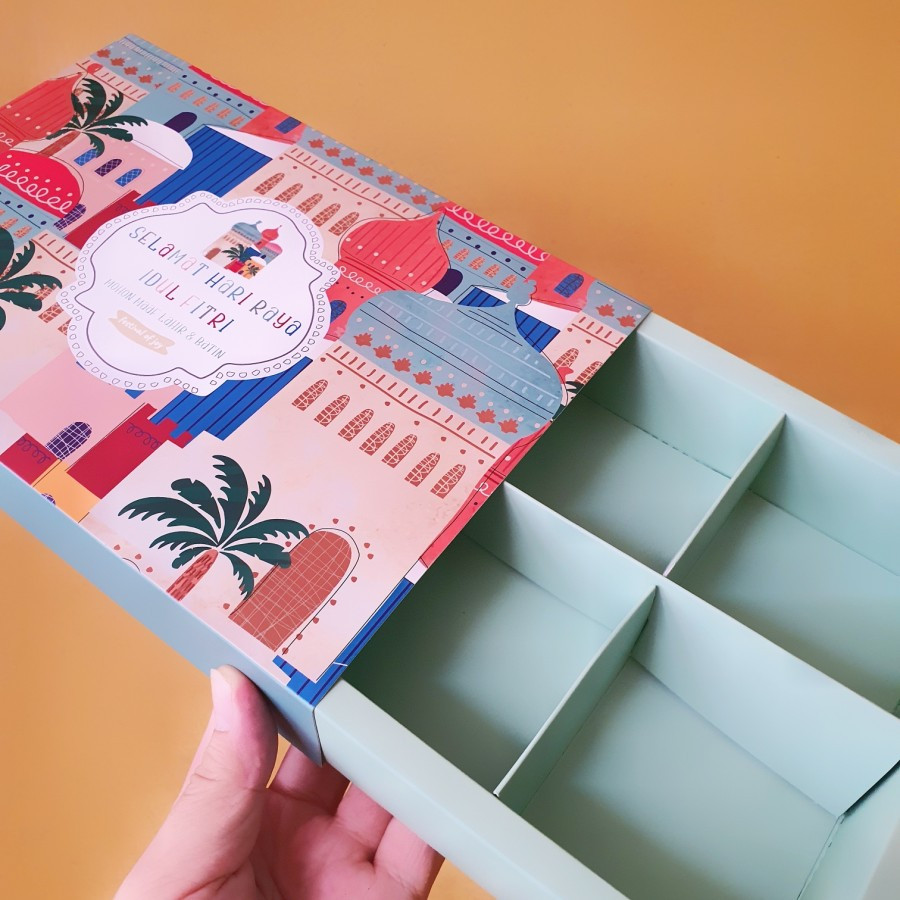 

( 5 Pcs ) Box Packaging Fruitpie Eid Mubarak Dus Hampers Eggtart Idul Fitri Motif Colourful Mosque " + Tag Hijau Muda Sekat 6