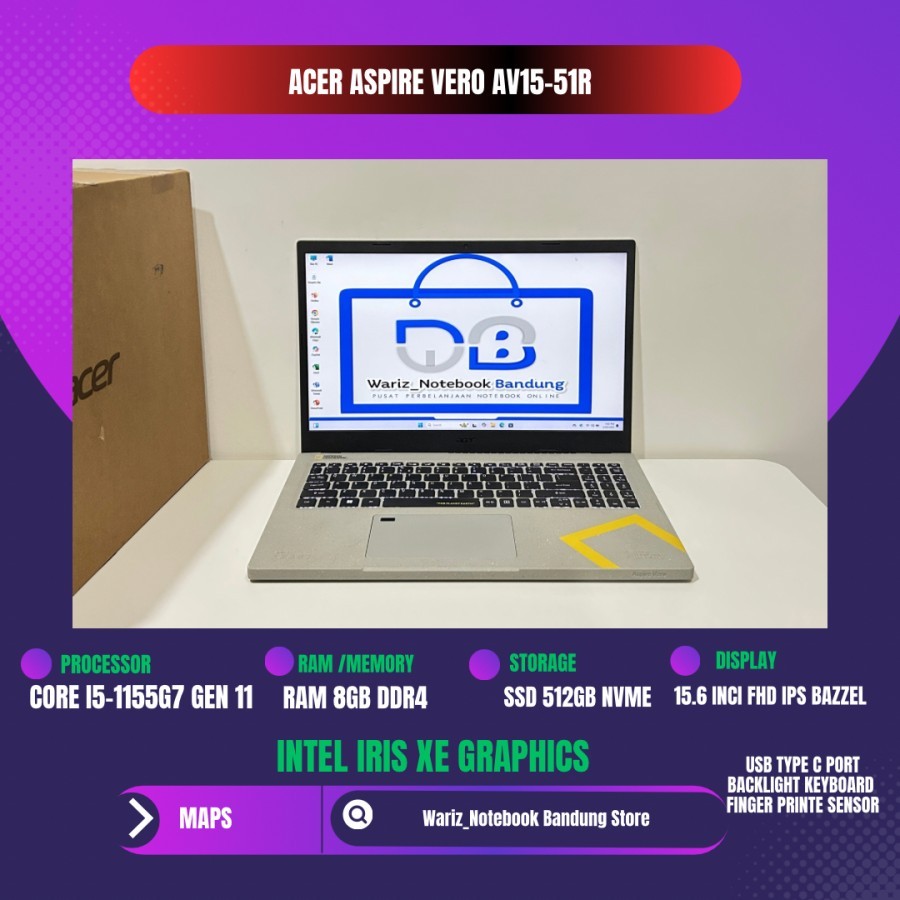 ACER ASPIRE VERO VR15-51R CORE I5-1155G7 RAM 8GB SSD 512GB 15inci FHD IPS