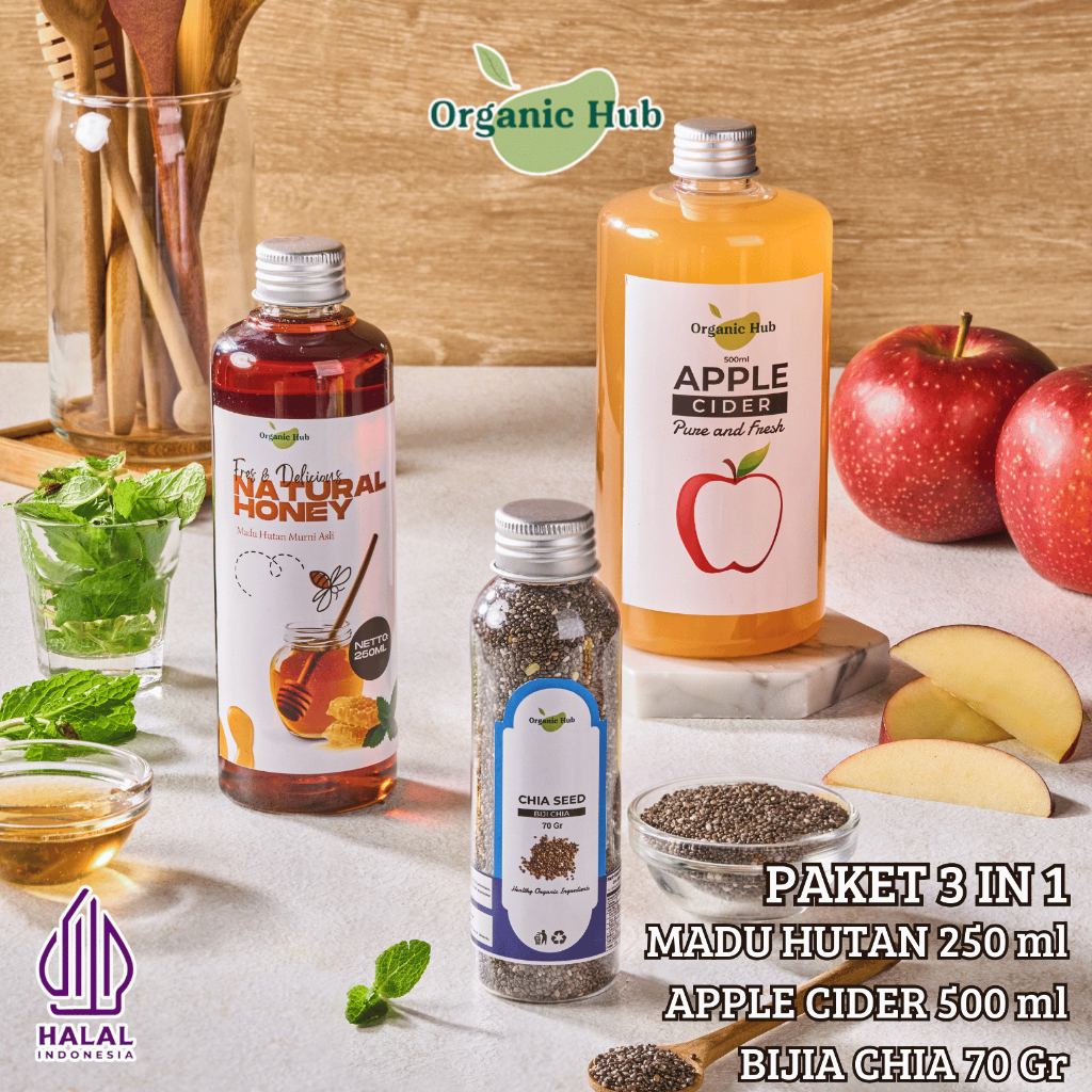 

Organic Hub Paket 3 in 1 Apple Cider With Mother Original Cuka Apel Murni Madu Hutan Murni Chia Seed