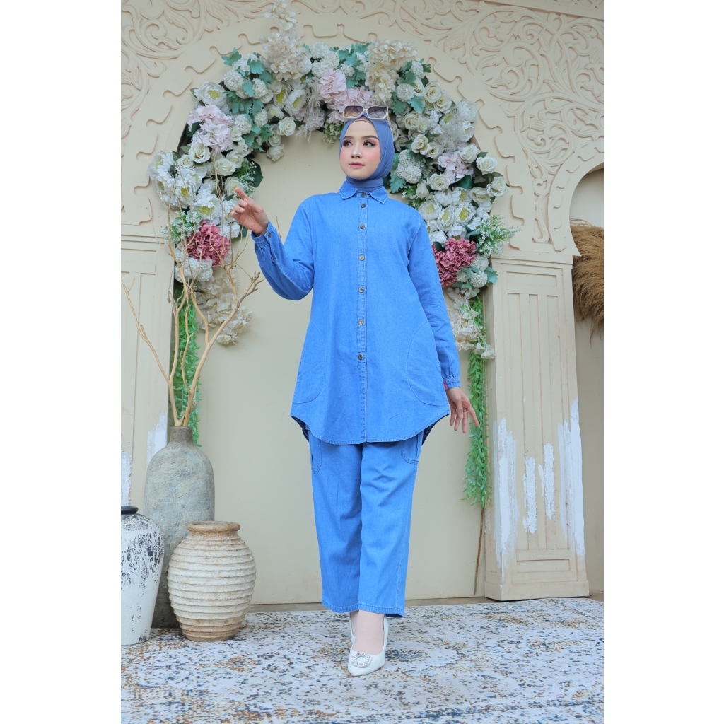 Lovilla fashion semi tunik jeans wanita kerah kemeja lengan panjang warna biru muda ukuran m,l,xl,xx