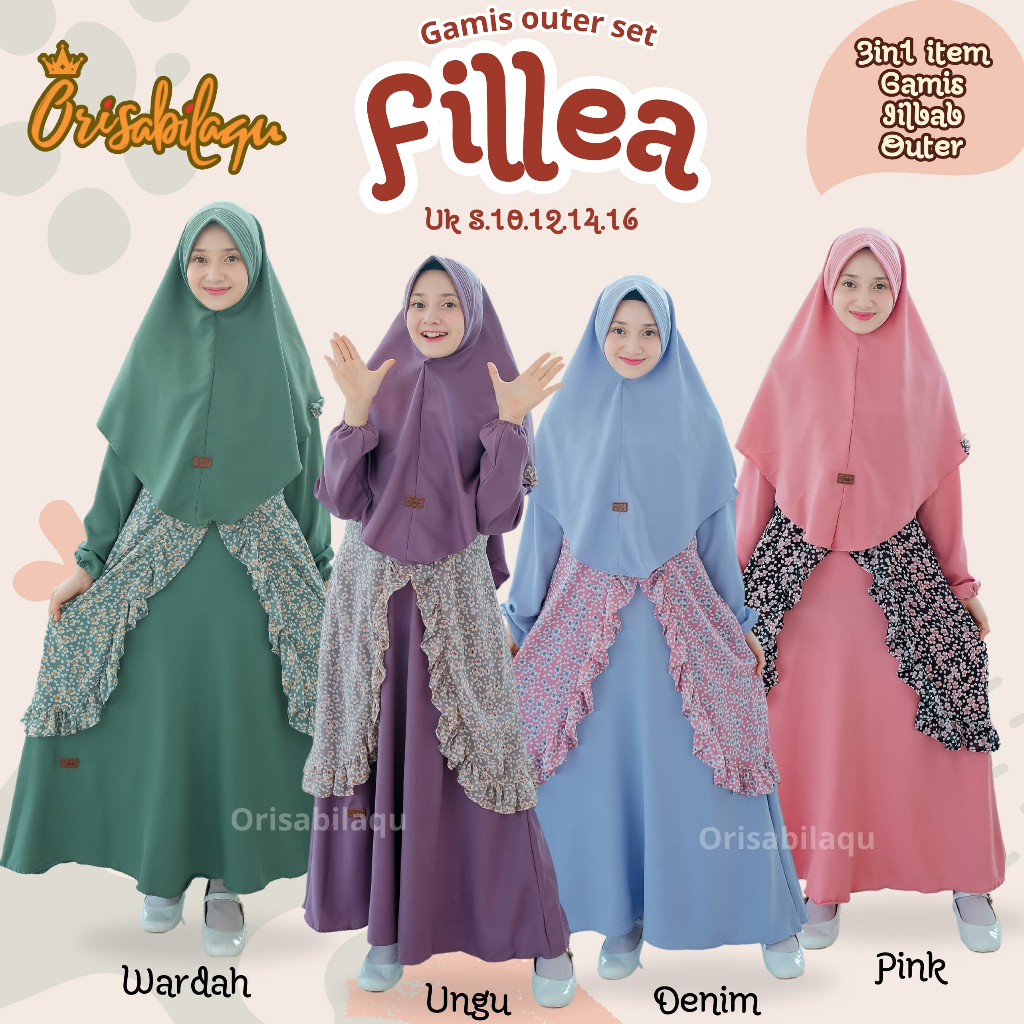 Gamis anak usia 8 sampai 16 tahun setelan 3 in 1 gamis outer dan hijab motif bunga kecil