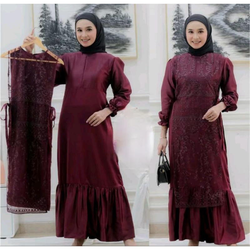Dhirgam _Official - Flash Sale  Aqila Maxi dress Satin Two in One Kombinasi Kombi brokat bisa di lep