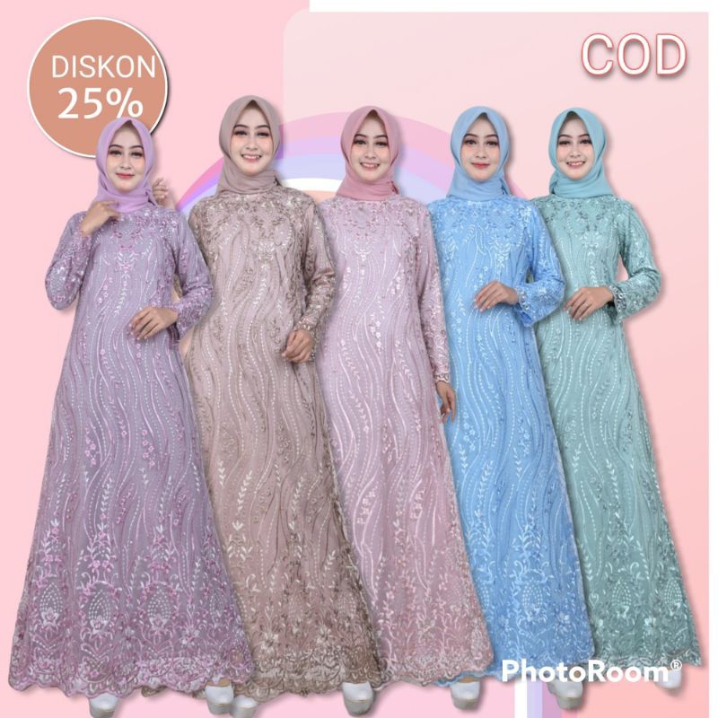 Gamis Muslimah,  dress gamis wanita muslimah mewah dan elegan, gamis brokat tile bordir