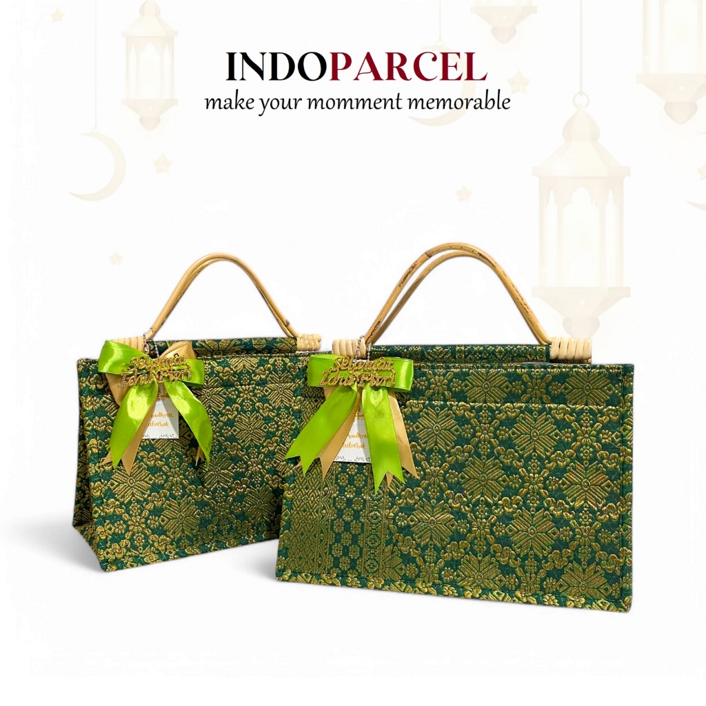 

RB INDOPARCEL - Tas Hampers Lebaran Kain Songket Handle Rotan Bungkus Kemasan Tas Kado Goodie Bag