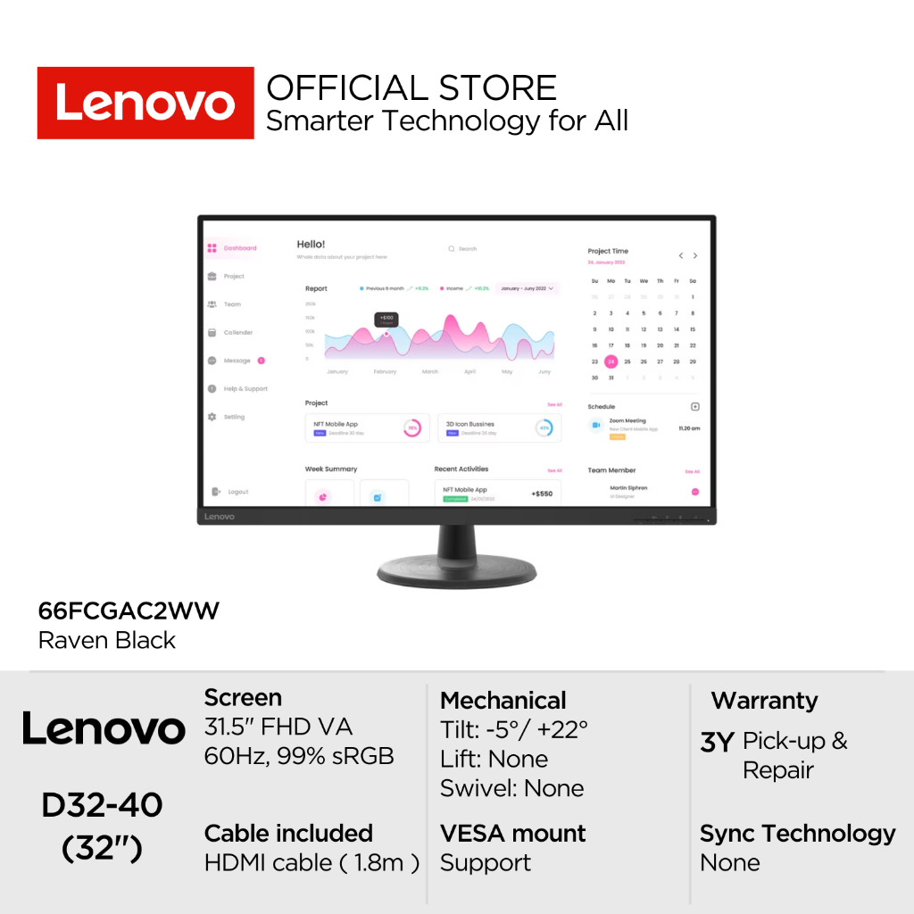 Lenovo Monitor D32-40 66FCGAC2WW Raven Black 31.5" FHD VA 250nits 75Hz 99% sRGB Antiglare WLED Backl