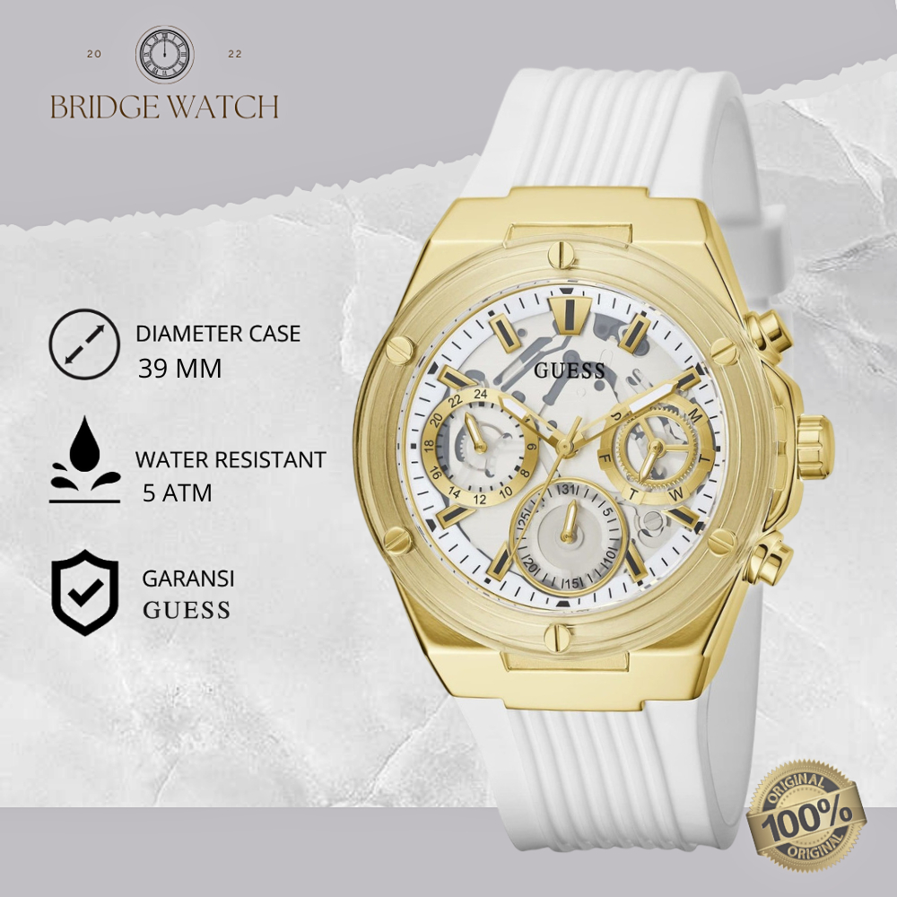 Jam Tangan Wanita Guess GW0409L2 Original Chronograph White Gold Rubber Strap Putih Silicone Casual 