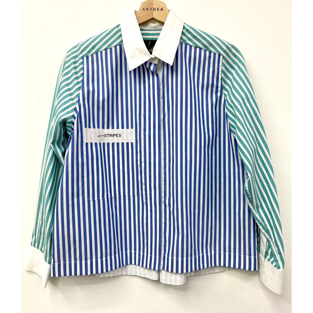 Blue Line Green Boxy Shirt - Ukuran S - ARTKEA Stripes for GADIS Special Sale