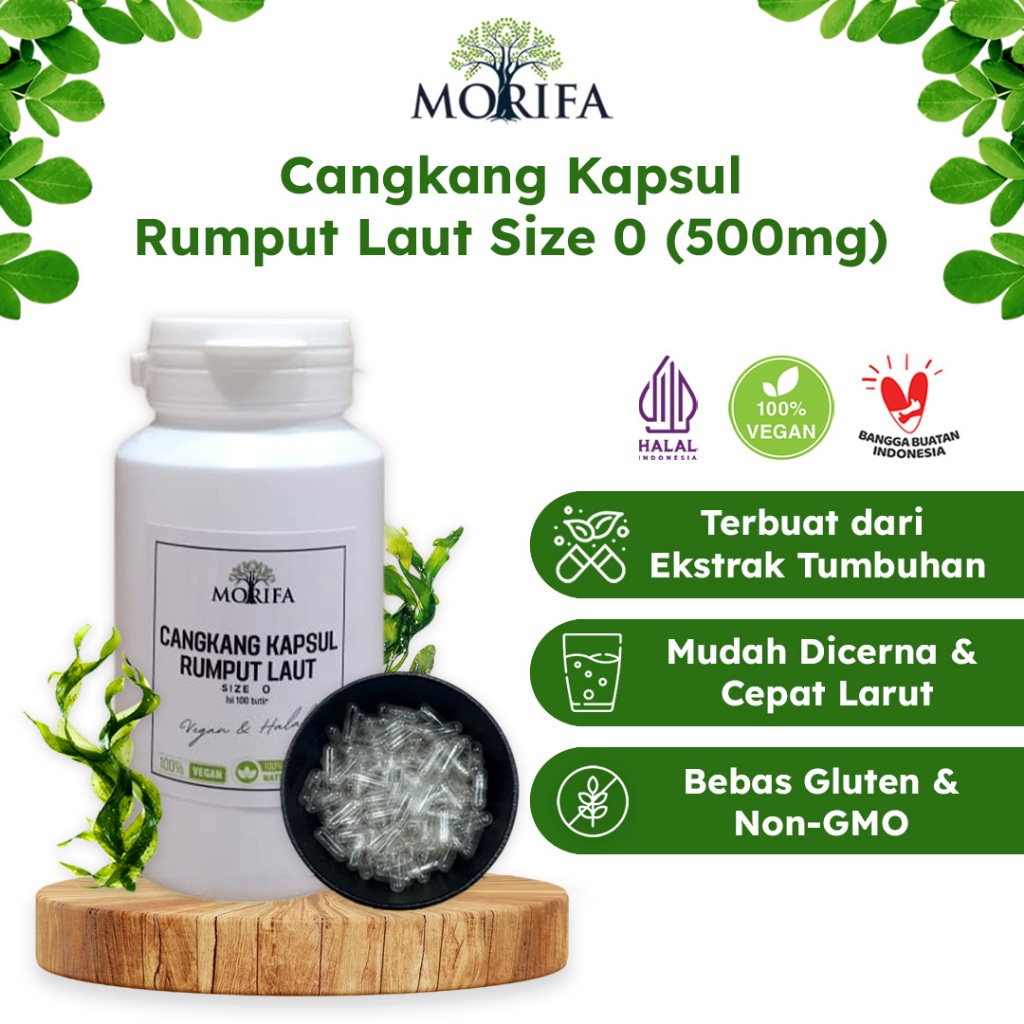 MORIFA Cangkang Kapsul Kosong  Size 0 Bening Vegan Natural Rumput Laut Halal