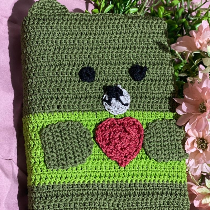 

bear book sleeve| pink bow book sleeve| book sleeve crochet| sarung buku rajut