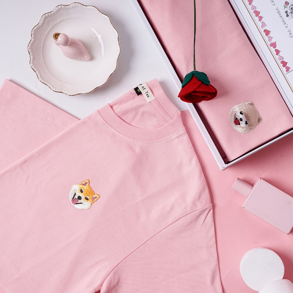 A Cup of Tee - (VALENTINE EDITION) Kaos Bordir Doggy Kucing Couple T- Shirt Powder Pink Pastel Cotto