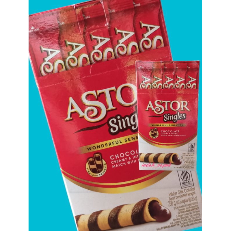 

Astor Singles Wafer Stik Coklat bok Isi Netto 250g = 20 pcs x 12.5g