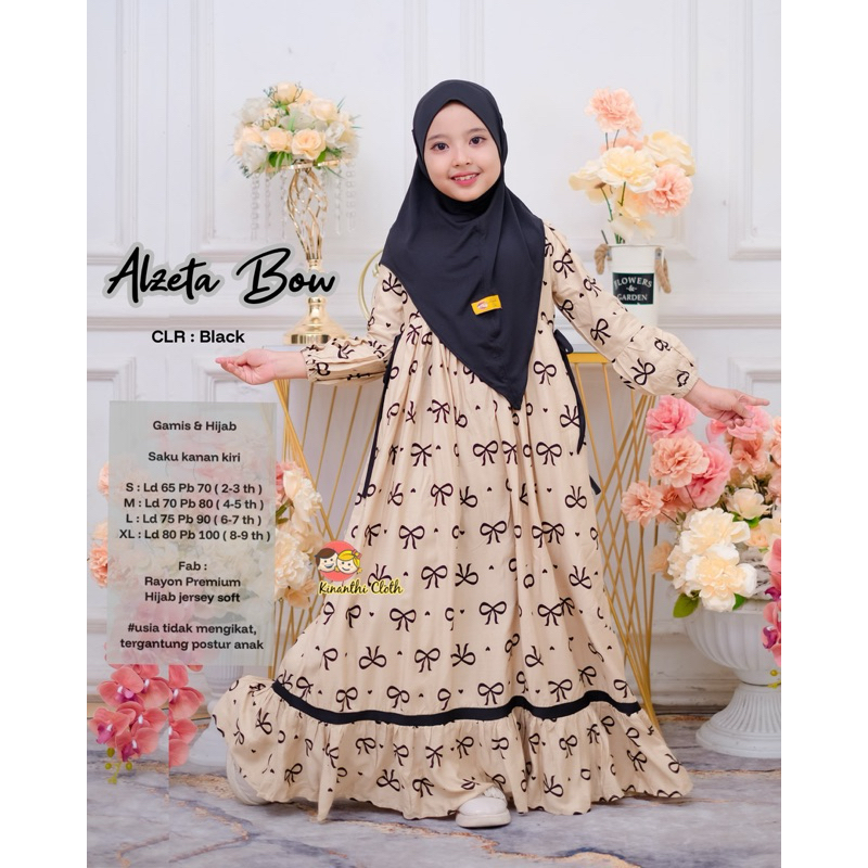 Alzeta Bow Set // One Set Gamis dan Hijab Anak Motif Pita-Pita Ori By Kinanthi Cloth
