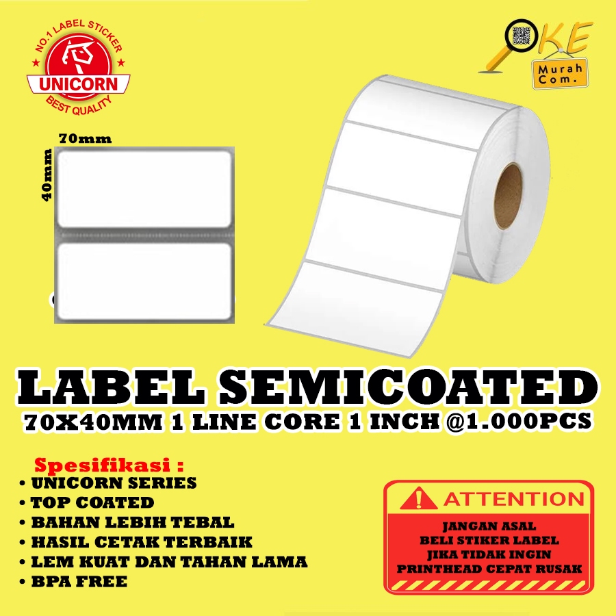 

Stiker Label Barcode Semicoated 70x40mm / 70x40 mm / 70 x 40 mm 1 Line Core 1" 1.000pcs