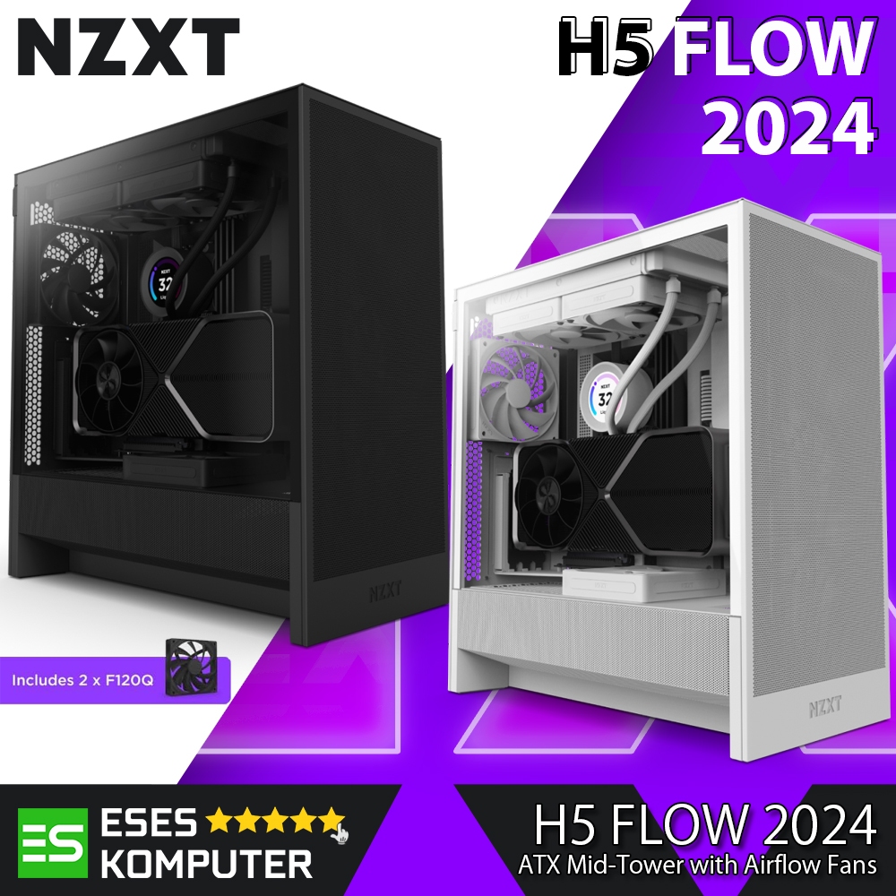 Case NZXT H5 FLOW 2024 Black / White | Compact ATX Mid-tower Airflow Casing