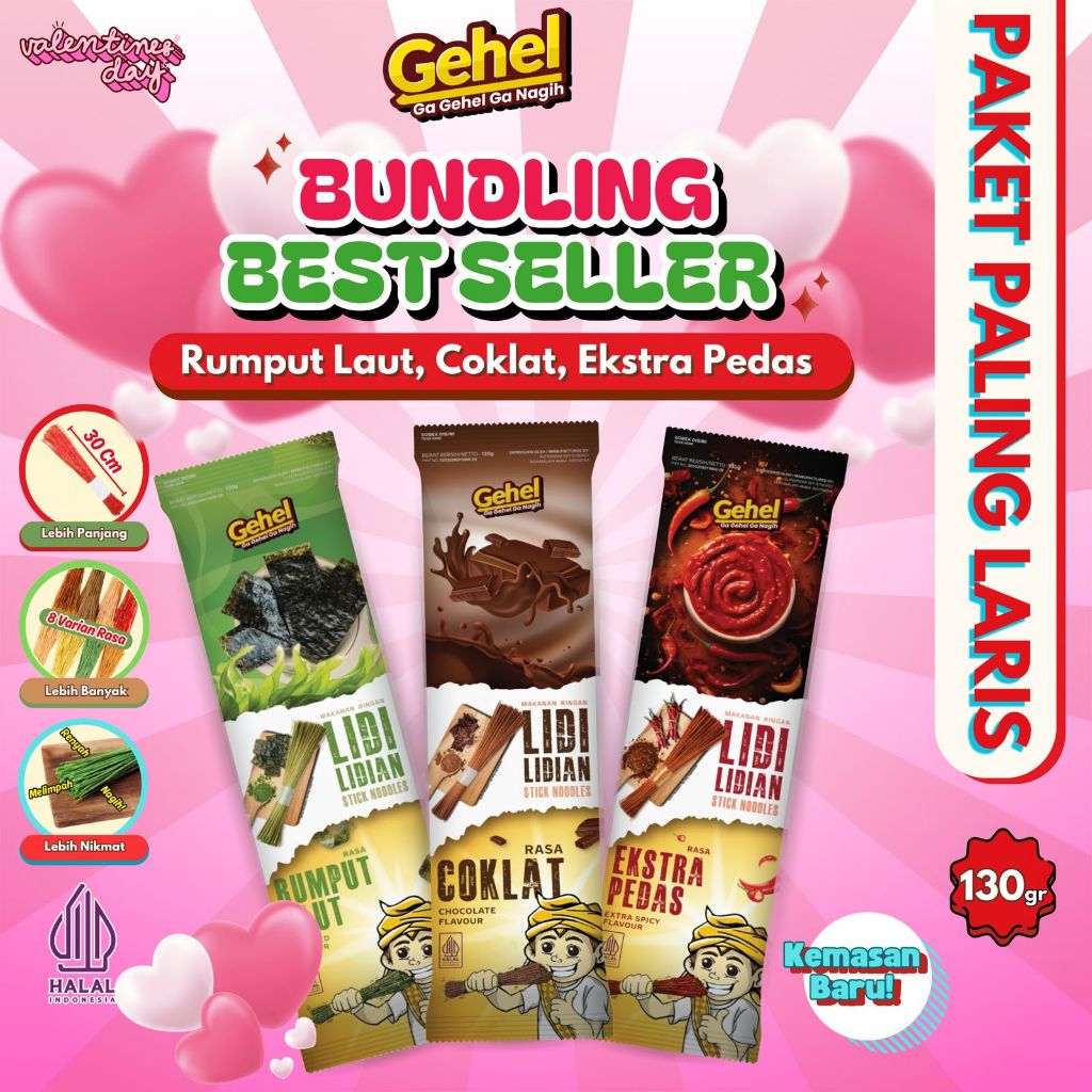 

GEHEL BEST SELLER Lidi Panjang 30 cm - Paket Bundling Best Seller (Rumput Laut, Extra Pedas, Coklat)