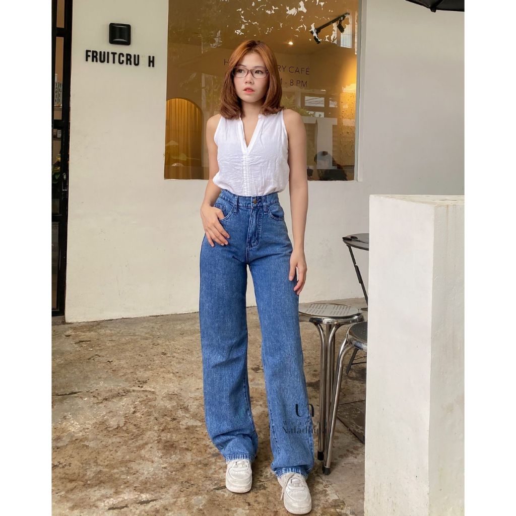 Nara Pants Snowblue Tua - Celana Kulot Jeans Highwaist Wanita Loose