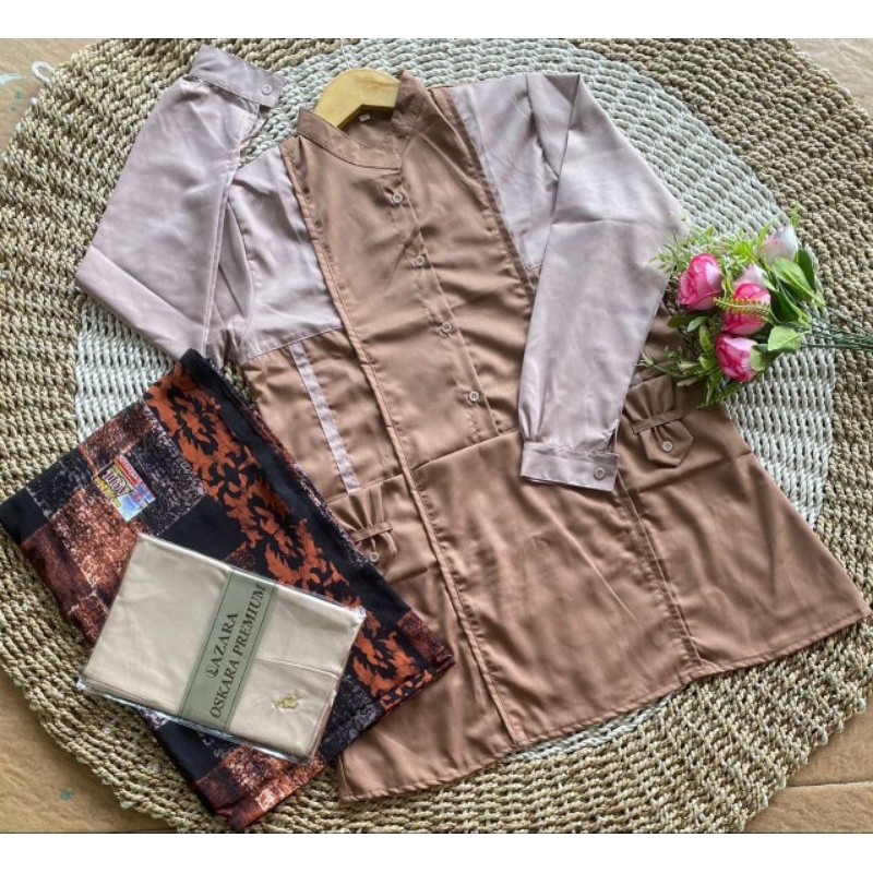 New Tunik Kayla Bahan Toyobo/Setelan Santri Putri Tunik Sarung Aqil Krudung Polos