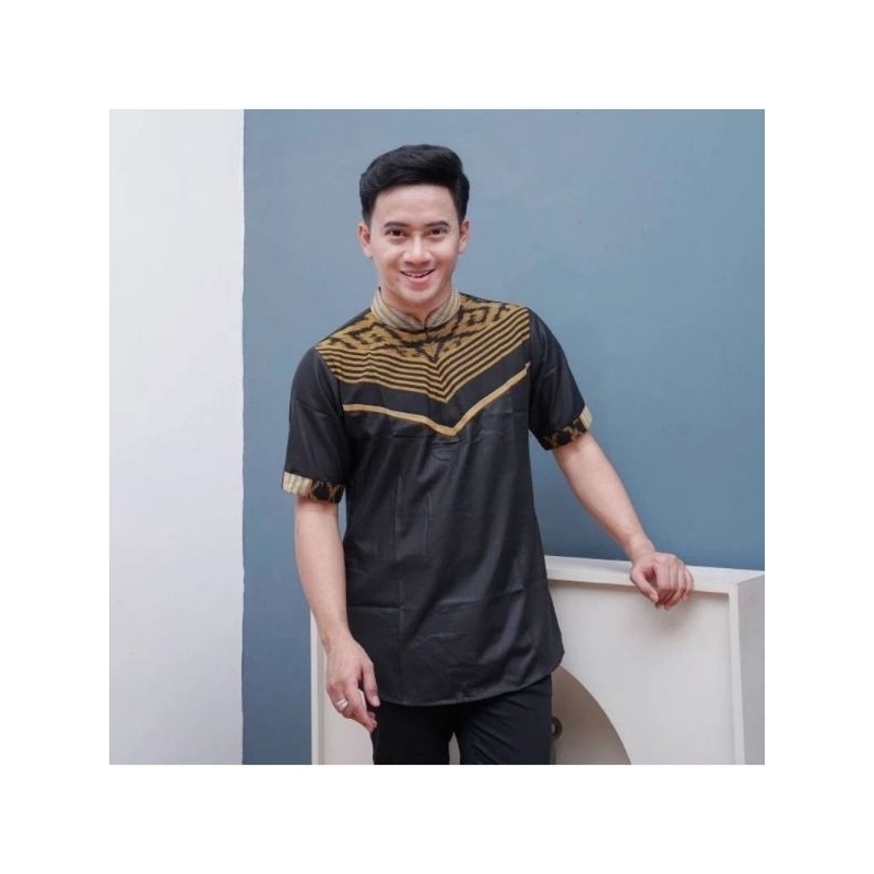 Kemeja tenun pria lengan pendek terbaru - kemeja tenun kombinasi - kemeja Koko motif tenun kekinian