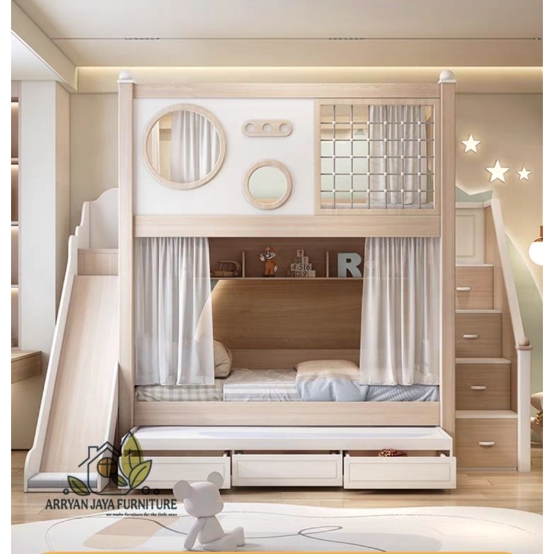 tempat tidur tingkat anak, kasur tingkat tangga & perosotan, ranjang susun, bunkbed, dipan tingkat