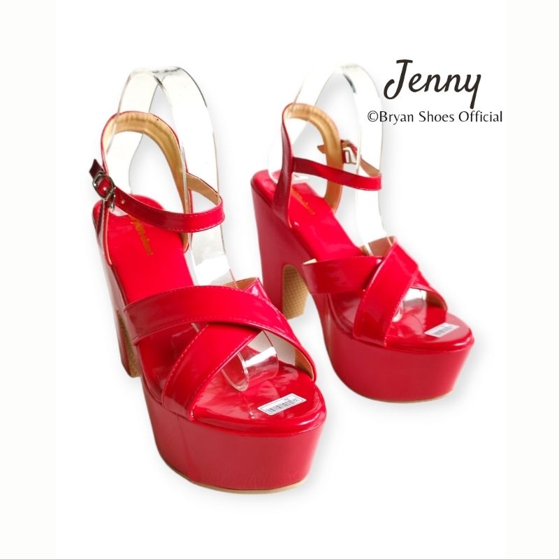 garansi jenny high heels wanita hak tinggi pesta 12cm sandal tebal sepatu wanita hitam putih merah