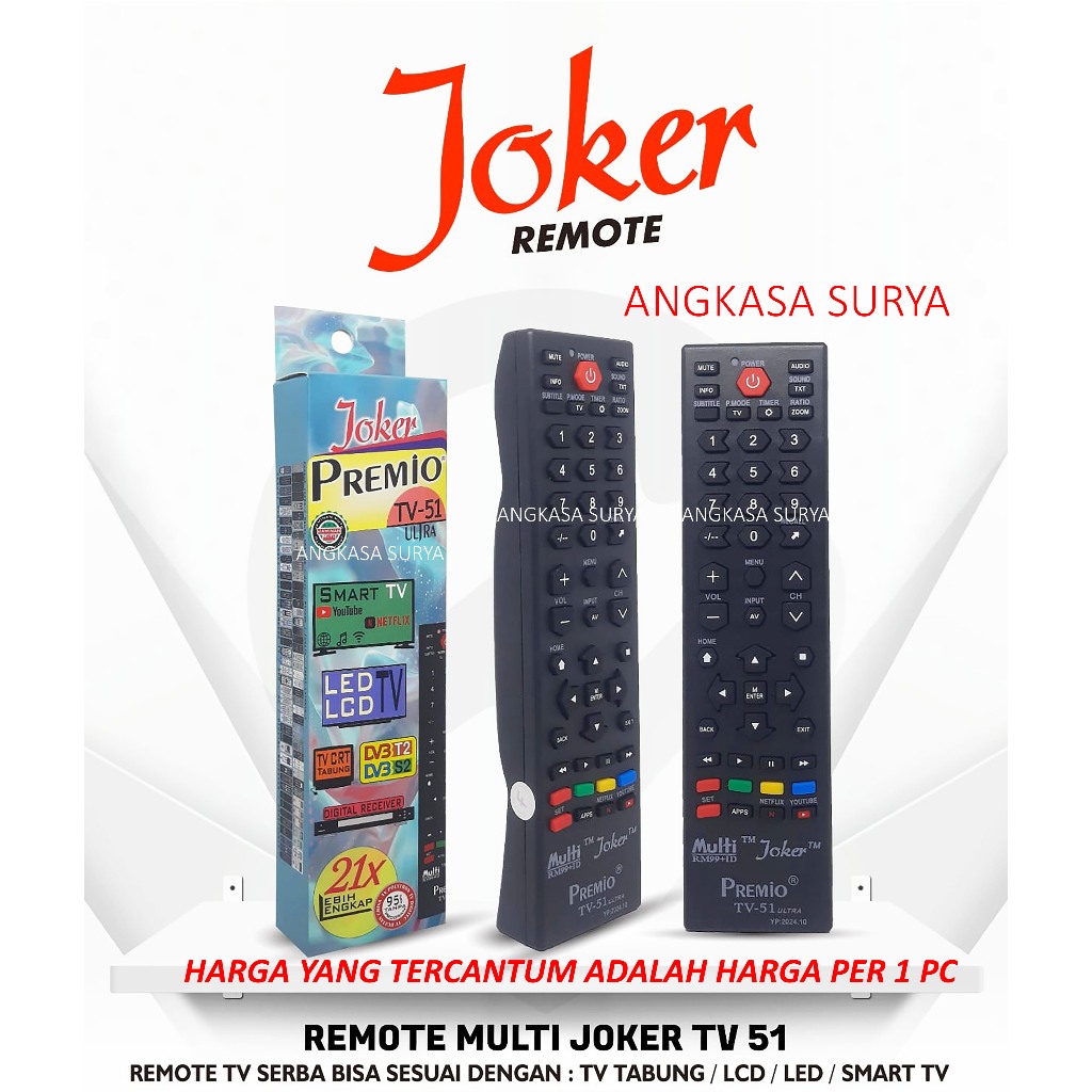 REMOTE MULTI JOKER  PREMIO TV 51 ULTRA , TV LCD LED PLASMA TABUNG SEMUA MERK,  STB , DIGITAL RECEIVE