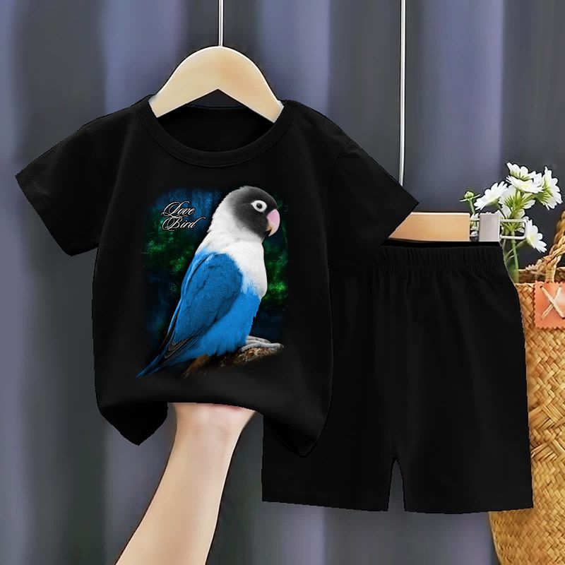 SETELAN ANAK HITAM MOTIF BURUNG LB LOV BIRD KEPALA HITAM BULU PUTIH DAN BIRU SABLON DTF DIGITAL ONE 
