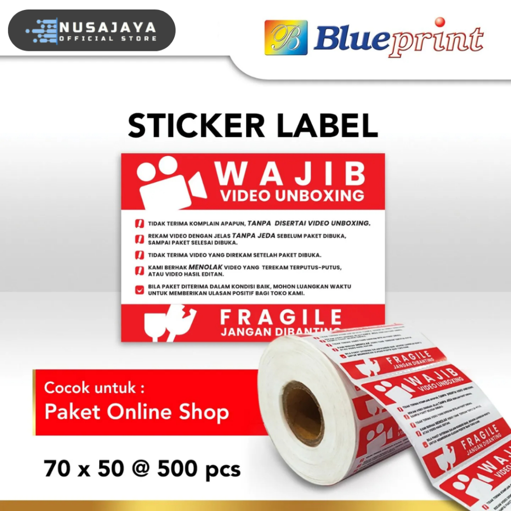 

Label Sticker Unboxing Fragile BLUEPRINT 70x50 mm isi 500